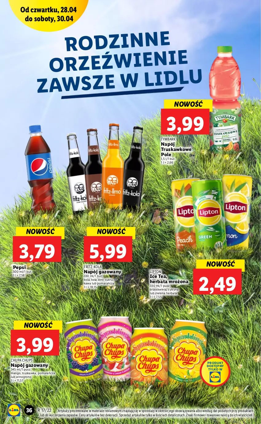 Gazetka promocyjna Lidl - GAZETKA - ważna 28.04 do 30.04.2022 - strona 36 - produkty: Chupa Chups, Herbata, Ice tea, Kawa, Lipton, Mango, Napój, Napój gazowany, Pepsi, Tymbark, Wino