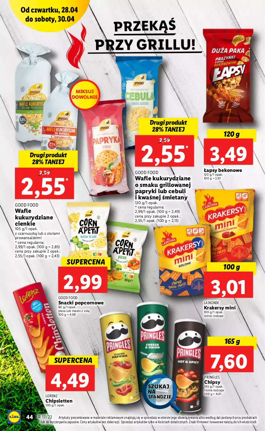 Gazetka promocyjna Lidl - GAZETKA - ważna 28.04 do 30.04.2022 - strona 44 - produkty: Beko, Chipsy, Grill, Krakersy, Lajkonik, Lorenz, Masło, Pizza, Popcorn, Pringles