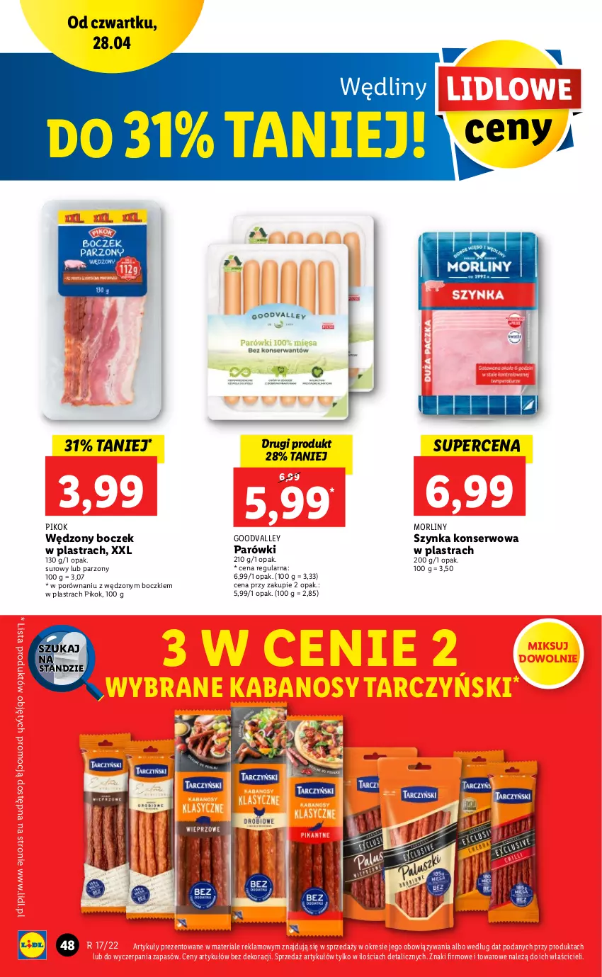 Gazetka promocyjna Lidl - GAZETKA - ważna 28.04 do 30.04.2022 - strona 48 - produkty: Boczek, Kabanos, Morliny, Parówki, PIKOK, Por, Ser, Szynka, Szynka konserwowa, Tarczyński