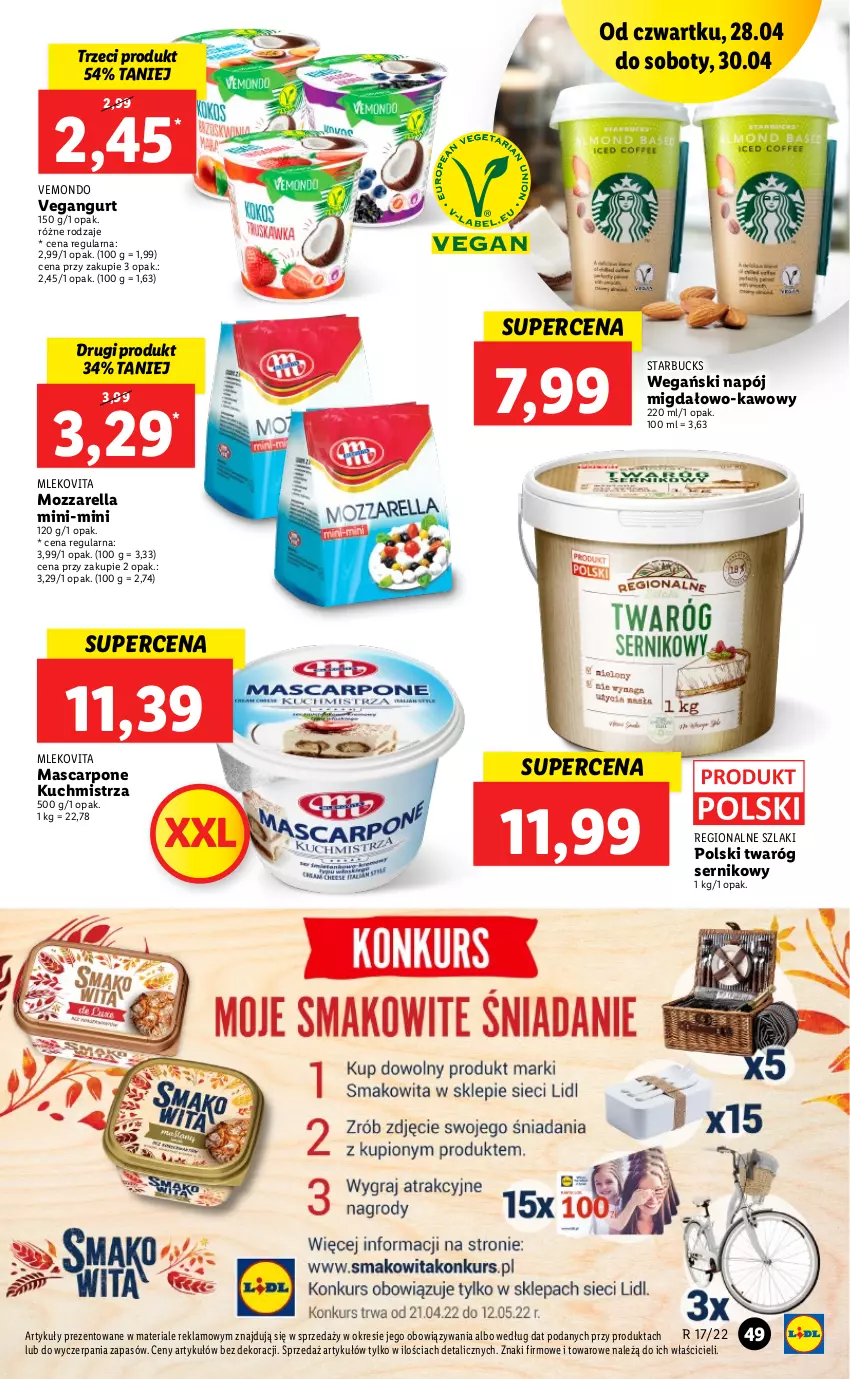 Gazetka promocyjna Lidl - GAZETKA - ważna 28.04 do 30.04.2022 - strona 49 - produkty: Mascarpone, Mleko, Mlekovita, Mozzarella, Napój, Ser, Twaróg, Vegangurt