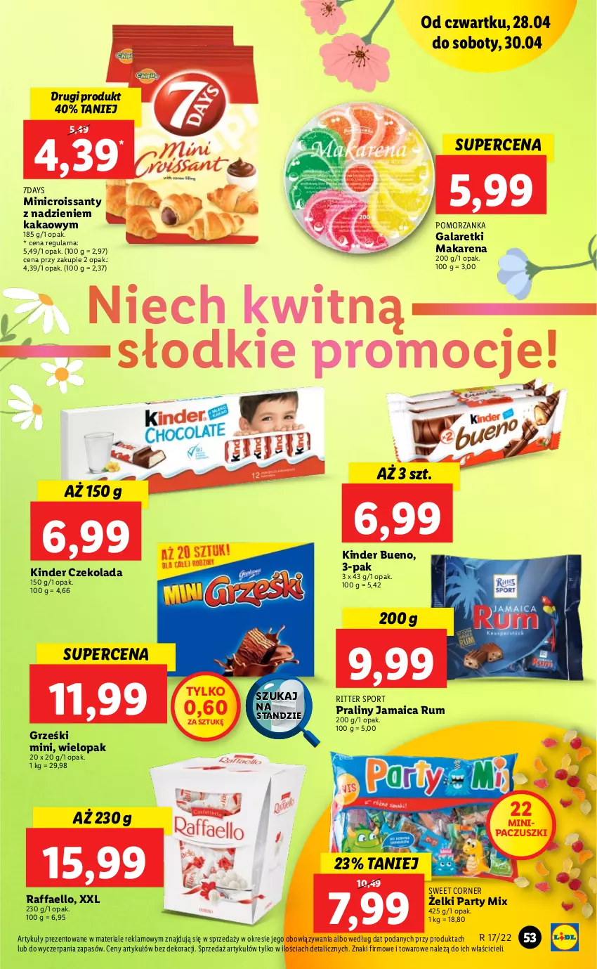 Gazetka promocyjna Lidl - GAZETKA - ważna 28.04 do 30.04.2022 - strona 53 - produkty: Croissant, Czekolada, Fa, Gala, Galaretki, Grześki, Kakao, Kinder, Por, Praliny, Raffaello, Ritter Sport, Rum, Sport