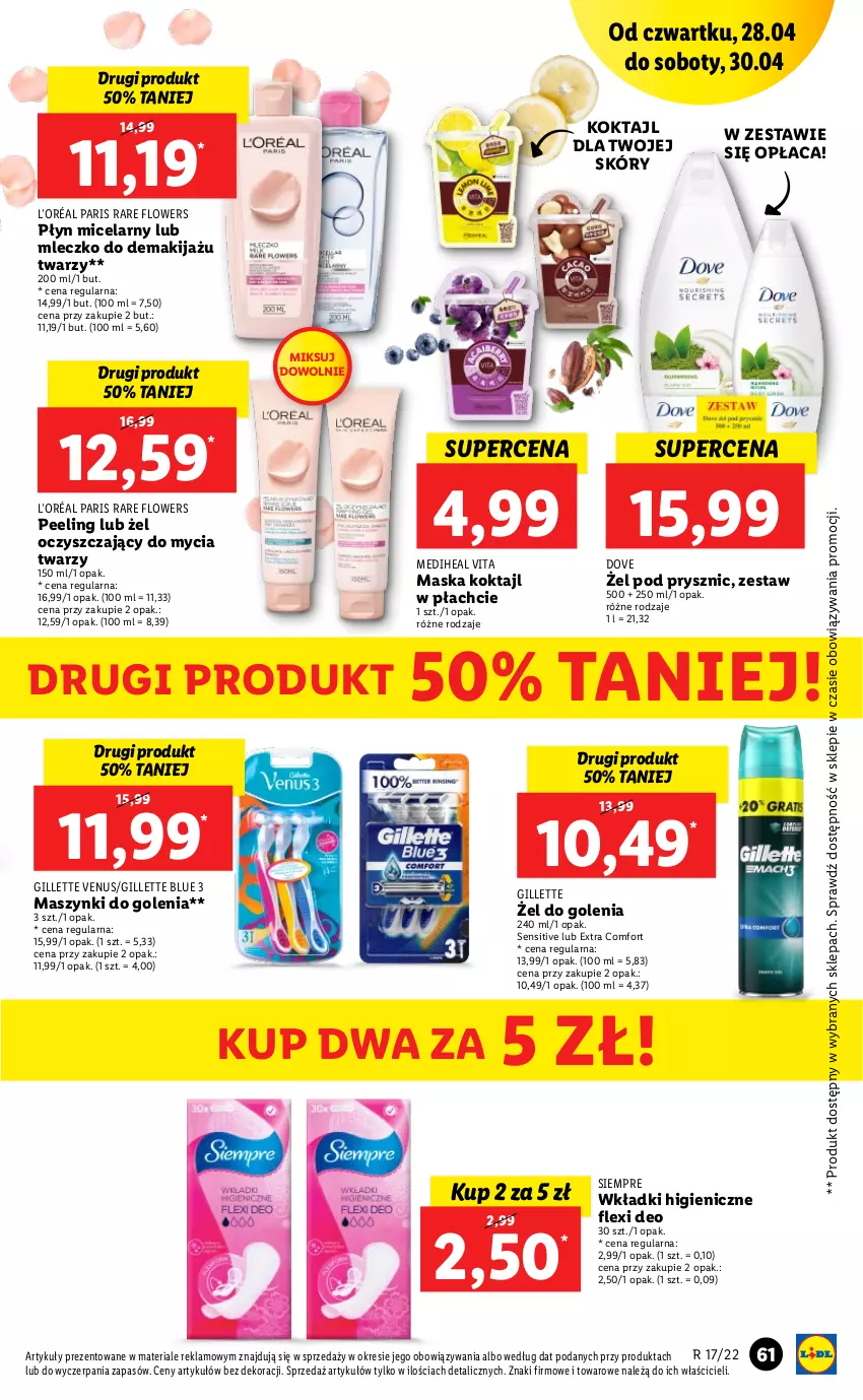 Gazetka promocyjna Lidl - GAZETKA - ważna 28.04 do 30.04.2022 - strona 61 - produkty: Dove, Gillette, Gillette Venus, L’Oréal, Makijaż, Maska, Mleczko, Peeling, Venus, Wkładki