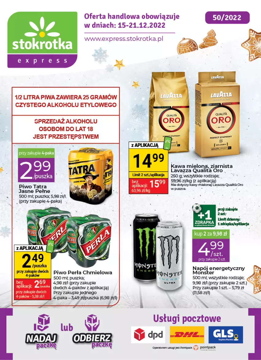 Gazetka promocyjna Stokrotka - Stokrotka Express - ważna 15.12 do 21.12.2022 - strona 1 - produkty: Gra, Kawa, Kawa mielona, Lavazza, LG, Napój, Napój energetyczny, Perła, Piwa, Piwo, Tatra