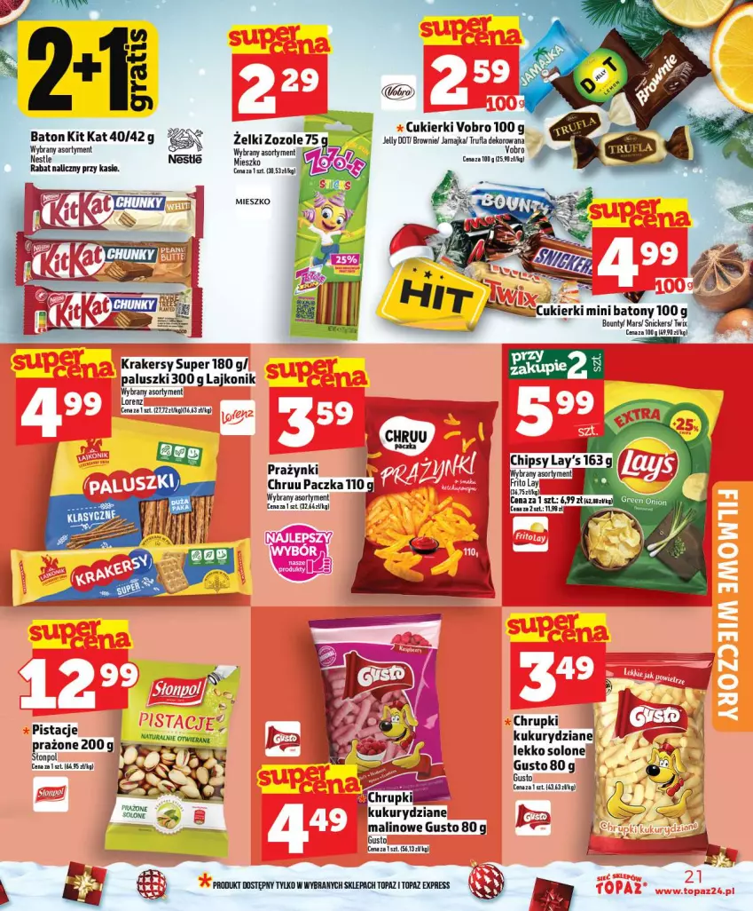 Gazetka promocyjna Topaz - Gazetka - ważna 18.12 do 23.12.2025 - strona 21 - produkty: Baton, Bounty, Brownie, Cukier, Cukierki, Kit Kat, Krakersy, Lajkonik, LG, Lorenz, Mars, Pistacje, Słonpol, Snickers, Top, Twix