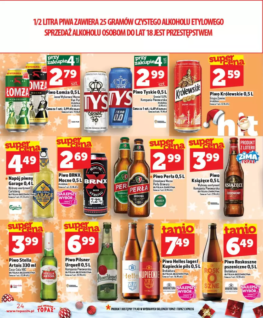 Gazetka promocyjna Topaz - Gazetka - ważna 18.12 do 23.12.2025 - strona 24 - produkty: Carlsberg, Coca-Cola, Kosz, Królewski, Książęce, Kupiec, Napój, Perła, Piec, Piwo, Pur, Top, Tyskie
