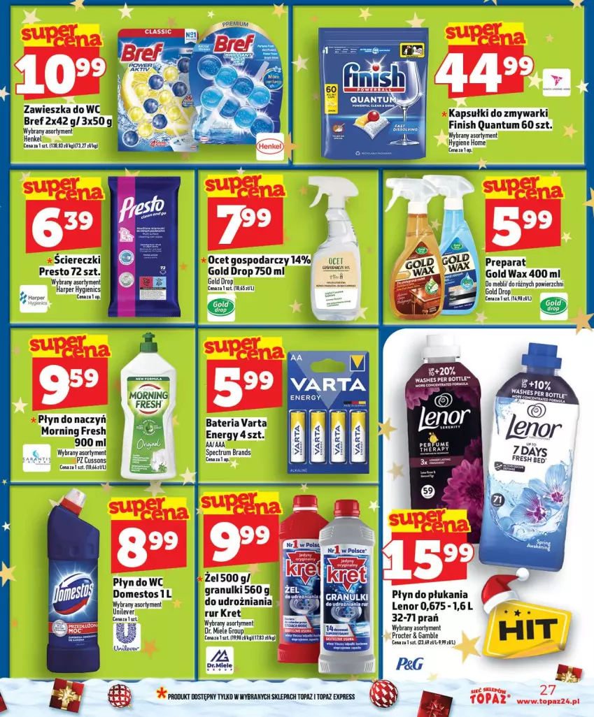 Gazetka promocyjna Topaz - Gazetka - ważna 18.12 do 23.12.2025 - strona 27 - produkty: Bateria, Bref, Domestos, Finish, Kret, Ocet, Płyn do wc, Presto, Rum, Varta, Zawieszka do wc, Zmywarki