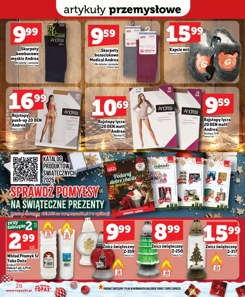 Gazetka promocyjna Topaz - Gazetka - ważna 18.12 do 23.12.2025 - strona 28 - produkty: Kapcie, Karp, Rajstopy, Top, Znicz