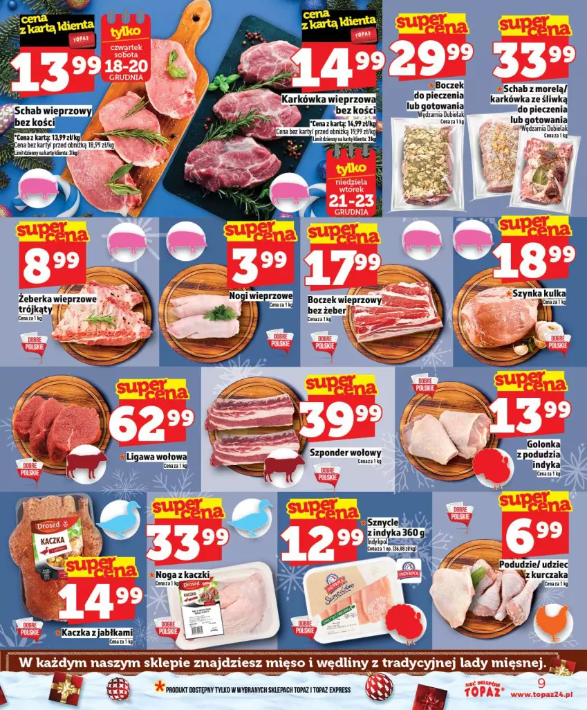 Gazetka promocyjna Topaz - Gazetka - ważna 18.12 do 23.12.2025 - strona 9 - produkty: Boczek, Jabłka, Kaczka, Karkówka wieprzowa, Kurczak, Piec, Schab wieprzowy, Szponder wołowy, Top
