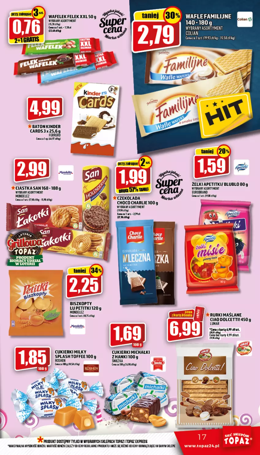 Gazetka promocyjna Topaz - Gazetka - ważna 09.06 do 15.06.2022 - strona 17 - produkty: Baton, Biszkopty, Ciastka, Cukier, Cukierki, Czekolada, Ferrero, Kinder, Michałki, Mus, Odol, Rurki, Sok, Top, Wafelek