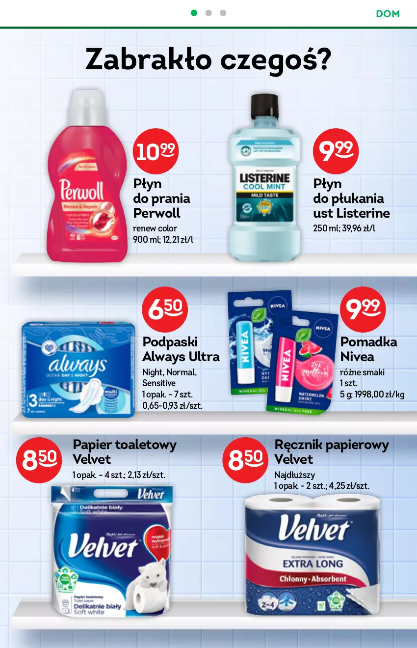 Gazetka promocyjna Żabka - ważna 13.10 do 31.10.2021 - strona 52 - produkty: Always, Always Ultra, Listerine, Nivea, Papier, Papier toaletowy, Perwoll, Płyn do płukania, Płyn do prania, Podpaski, Ręcznik, Velvet