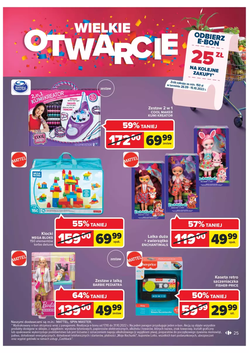 Gazetka promocyjna Carrefour - Gazetka Wielkie Otwarcie Carrefour Kielce - ważna 28.09 do 03.10.2022 - strona 25 - produkty: Barbie, Enchantimals, Fisher-Price, Gra, Klocki, Lalka, Mattel, Mega Bloks, Papier, Piec, Piwa, Rama, Ser, Telefon, Torba