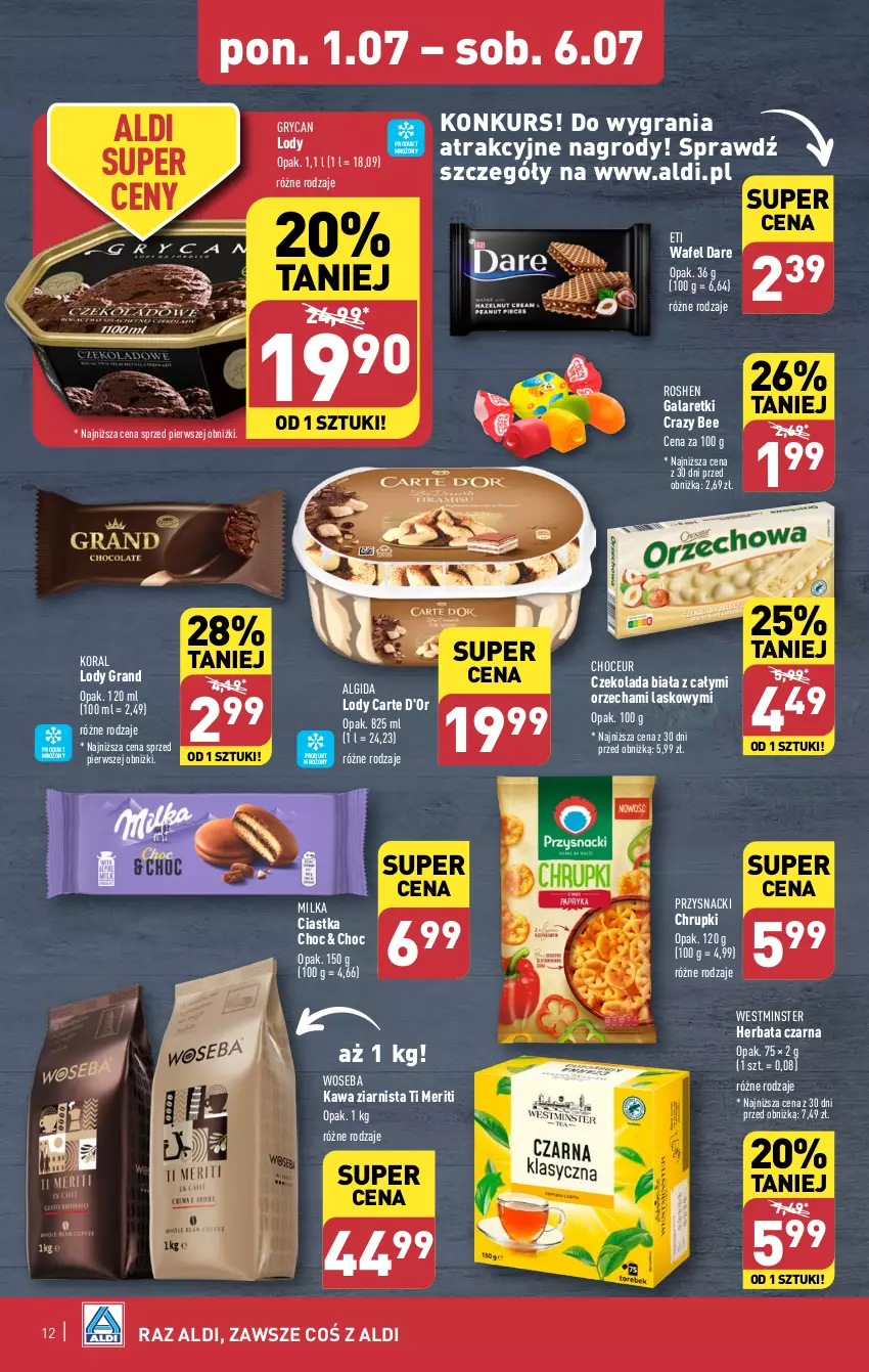 Gazetka promocyjna Aldi - Pełna oferta - ważna 01.07 do 06.07.2024 - strona 12 - produkty: Algida, Carte d'Or, Chrupki, Ciastka, Czekolada, Gala, Galaretki, Gra, Gry, Herbata, Herbata czarna, Kawa, Kawa ziarnista, LG, Lody, Milka, Przysnacki, Woseba