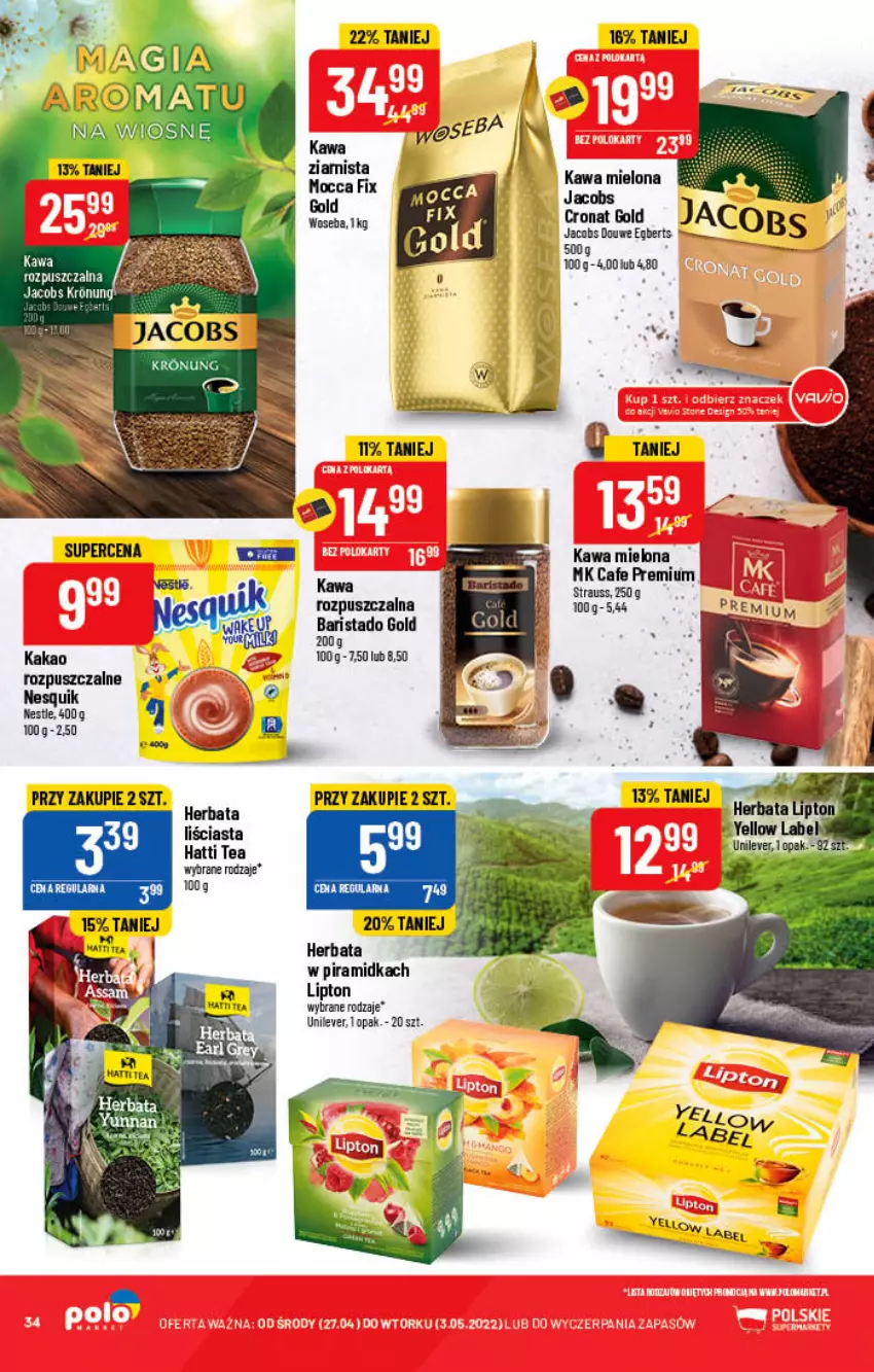 Gazetka promocyjna PoloMarket - Gazetka pomocyjna - ważna 27.04 do 03.05.2022 - strona 34 - produkty: Herbata, Jacobs, Kakao, Kawa, Kawa mielona, Lipton, Mocca Fix Gold, Nesquik, Woseba