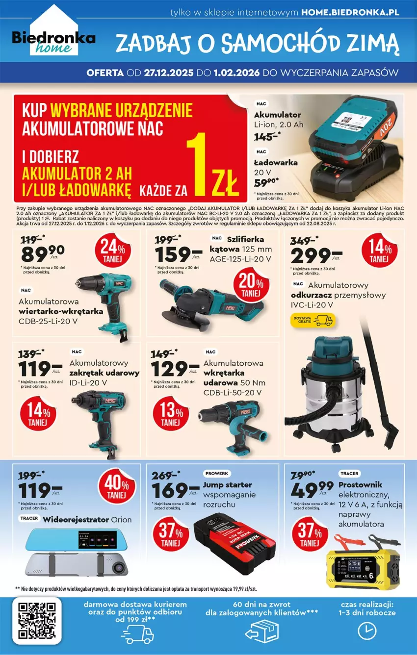 Gazetka promocyjna Biedronka - Home - ważna 27.12.2025 do 03.01.2026 - strona 4 - produkty: Acer, Akumulator, Kosz, Odkurzacz, Odkurzacz przemysłowy, Prostownik, Rower, Szlifierka, Tarka, Warka, Wideorejestrator, Wkręt, Wkrętarka