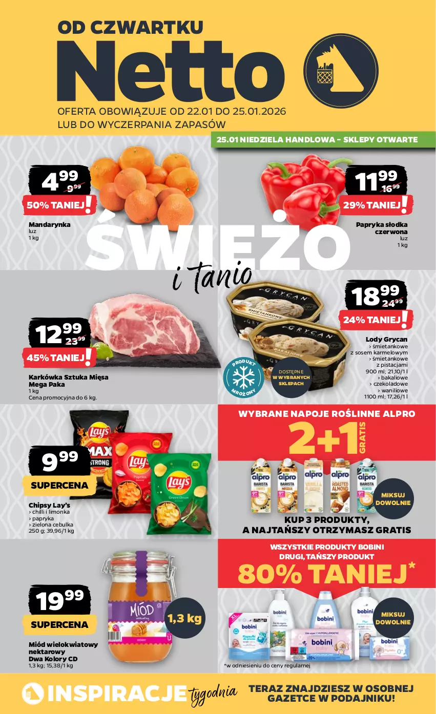 Gazetka promocyjna Netto - Od Czwartku - ważna 22.01 do 25.01.2026 - strona 1 - produkty: Alpro, Chipsy, Gra, Gry, Lay’s, Limonka, Lody, Miód, Napoje, Nektar, Papryka, Papryka słodka, Sos, Tera