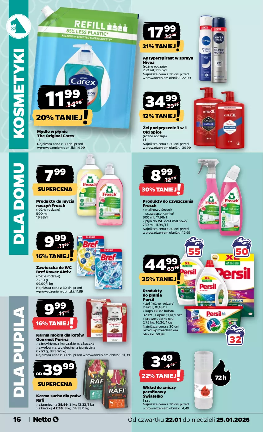 Gazetka promocyjna Netto - Od Czwartku - ważna 22.01 do 25.01.2026 - strona 16 - produkty: Antyperspirant, Bref, Do mycia naczyń, Frosch, Gin, Karma mokra dla kotów, Kurczak, Mydło, Mydło w płynie, Nivea, Ocet, Old Spice, Persil, Płyn do wc, Pur, Purina, Zawieszka do wc, Znicz