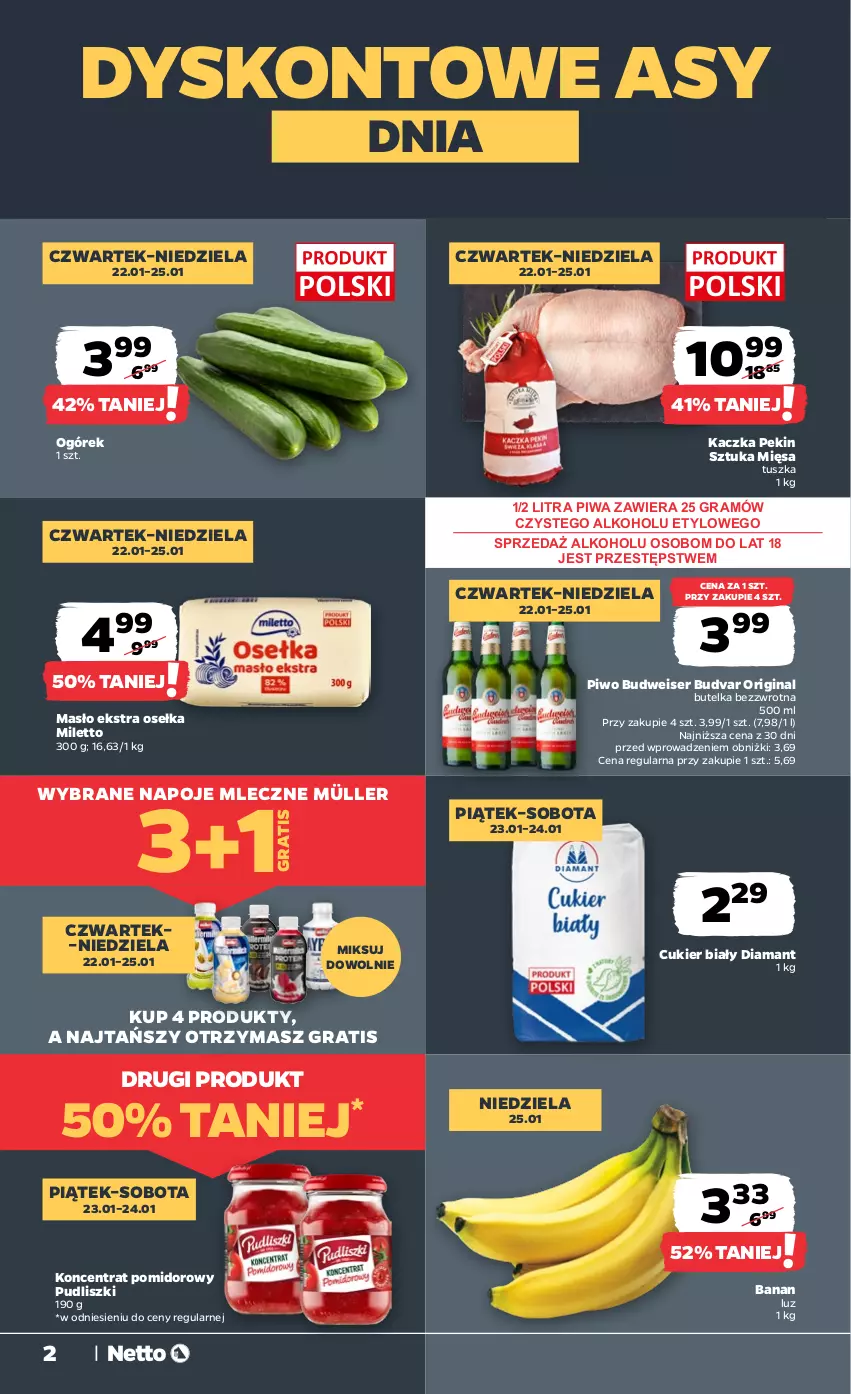 Gazetka promocyjna Netto - Od Czwartku - ważna 22.01 do 25.01.2026 - strona 2 - produkty: Cukier, Diamant, Gin, Gra, Kaczka, Koncentrat pomidorowy, Masło, Müller, Napoje, Ogórek, Piwa, Piwo, Pudliszki, Ser, Tusz