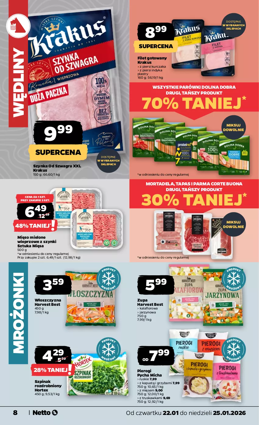 Gazetka promocyjna Netto - Od Czwartku - ważna 22.01 do 25.01.2026 - strona 8 - produkty: Gra, Hortex, Kalafior, Kapustą, Krakus, Kurczak, Mięso, Mięso mielone, Parówki, Pierogi, Szpinak, Szynka, Zupa