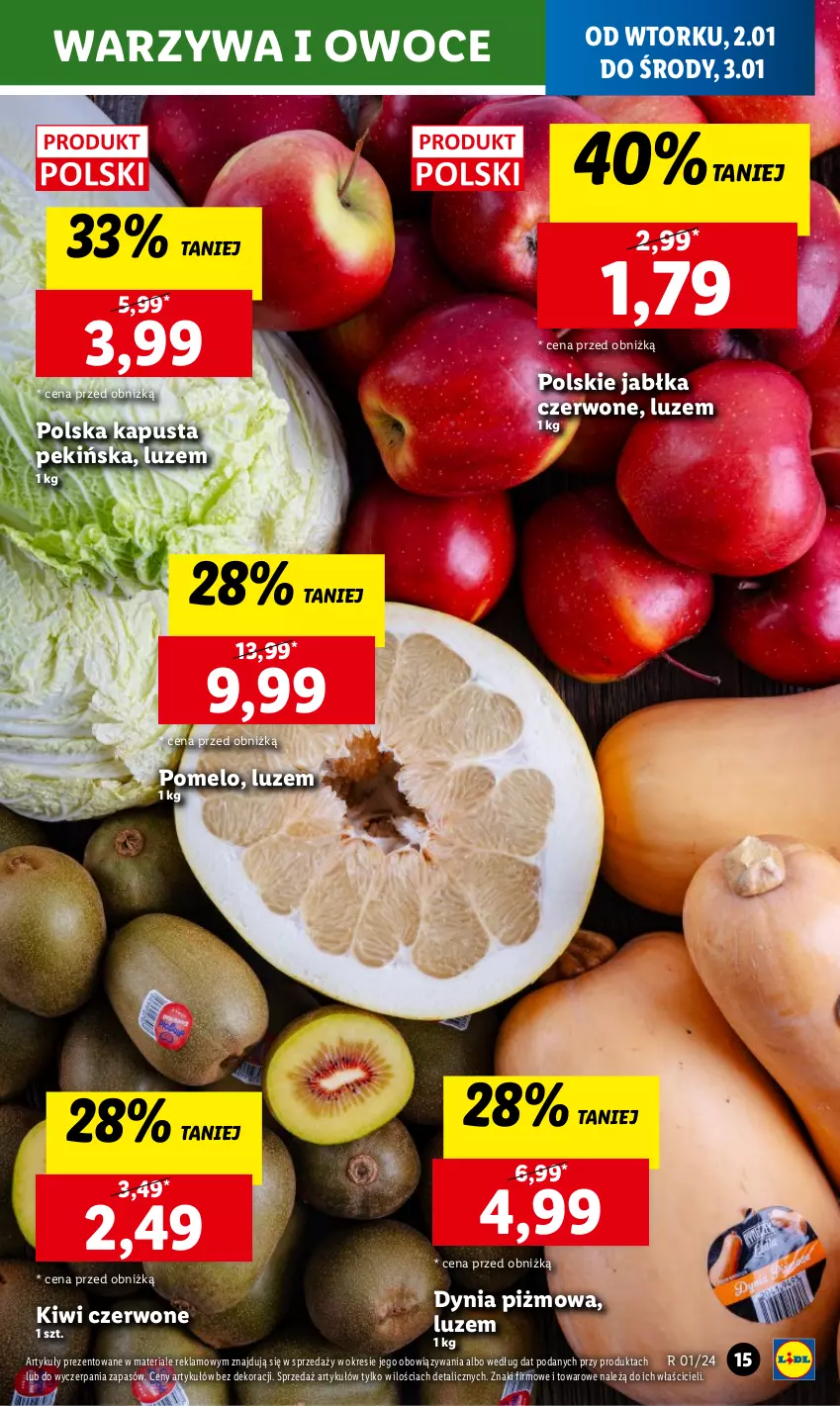Gazetka promocyjna Lidl - GAZETKA - ważna 02.01 do 03.01.2024 - strona 15 - produkty: Jabłka, Kiwi, Owoce, Pomelo, Warzywa, Warzywa i owoce