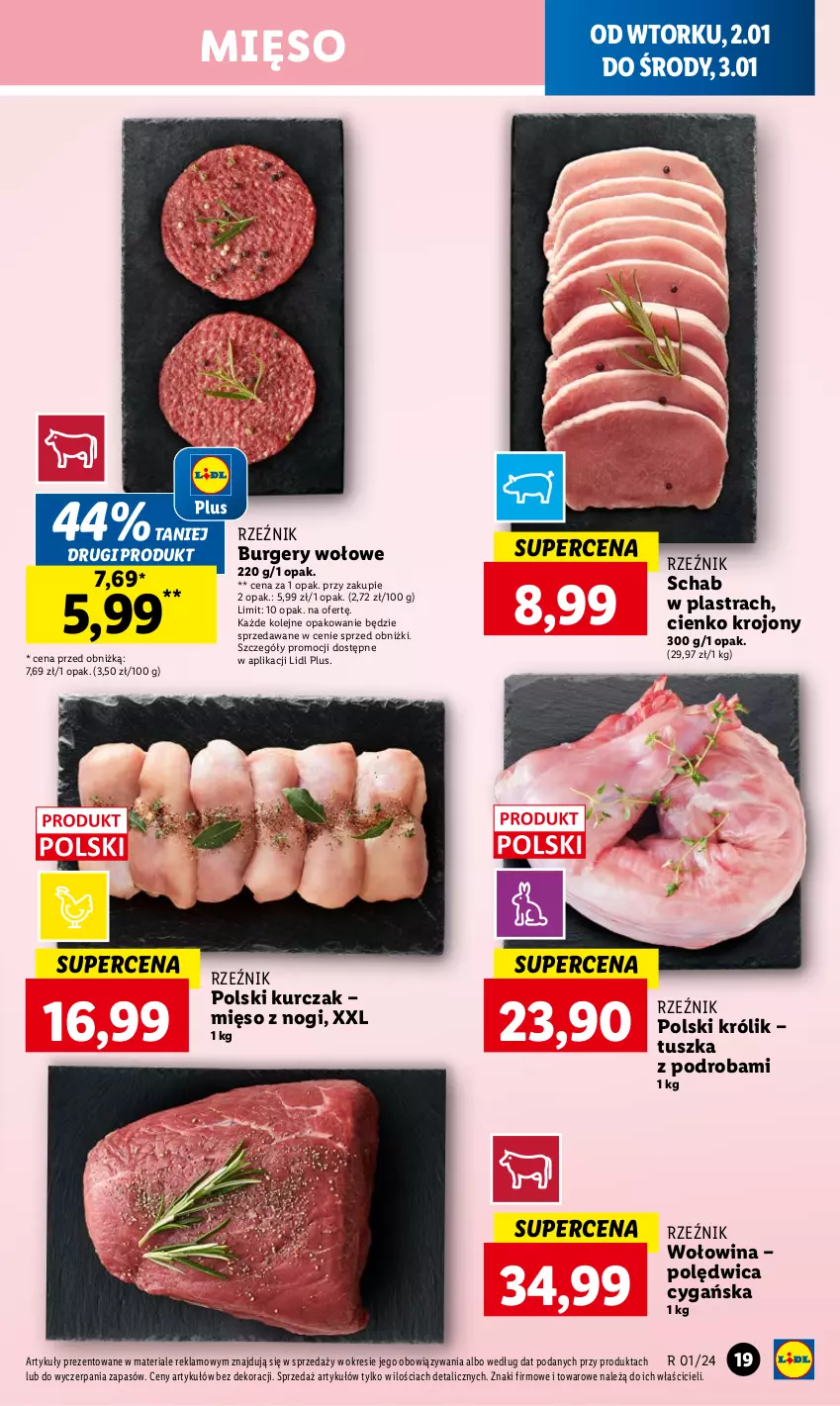 Gazetka promocyjna Lidl - GAZETKA - ważna 02.01 do 03.01.2024 - strona 19 - produkty: Burger, Królik, Kurczak, Mięso, Olej, Polędwica, Tusz, Wołowina