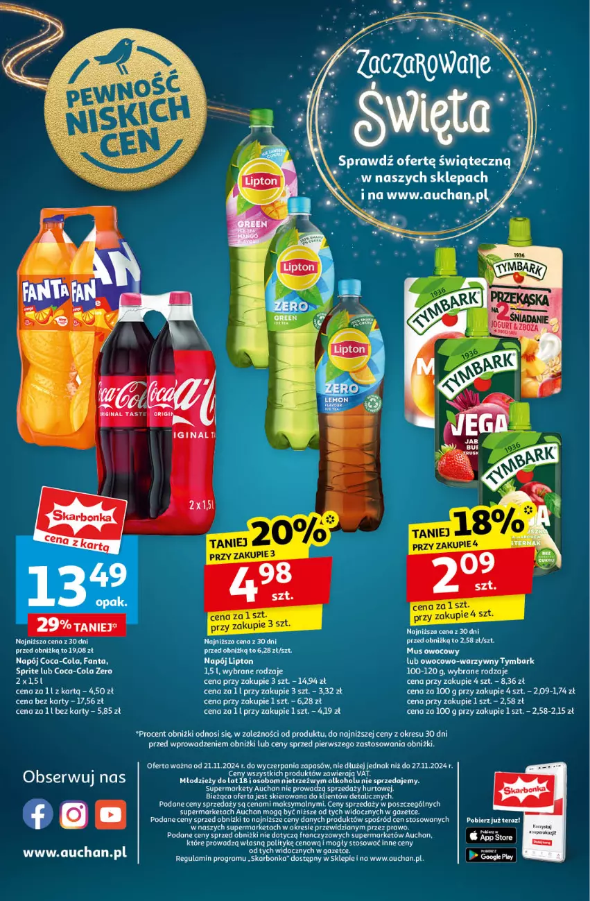 Gazetka promocyjna Auchan - Pewność Niskich Cen Supermarket - ważna 21.11 do 27.11.2024 - strona 14 - produkty: Coca-Cola, Fa, Fanta, Lipton, Napój, Ser, Sprite, Tera, Tymbark