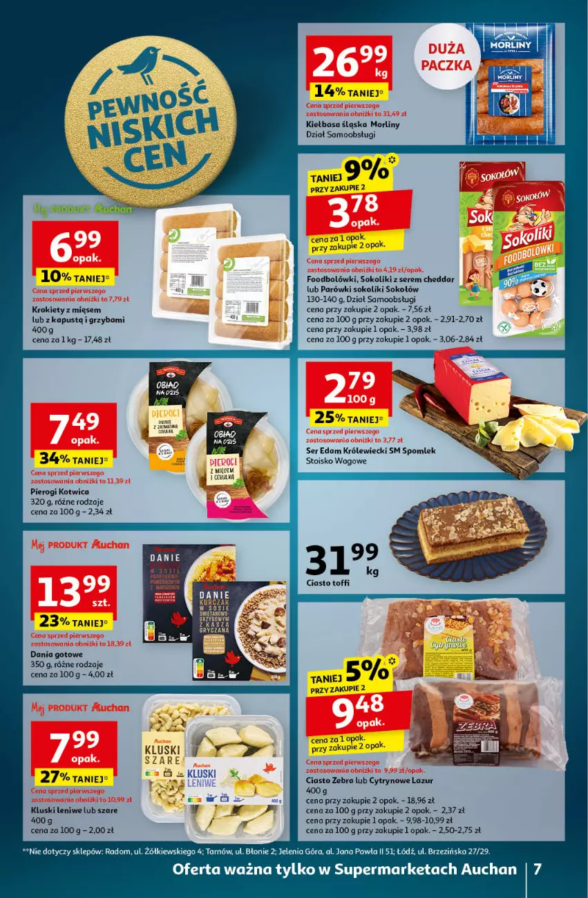 Gazetka promocyjna Auchan - Pewność Niskich Cen Supermarket - ważna 21.11 do 27.11.2024 - strona 9 - produkty: Cheddar, Dania gotowe, Edam, Fa, Kiełbasa, Kiełbasa śląska, Krokiety, Lazur, Morliny, Parówki, Parówki sokoliki, Pierogi, Ser, Sok, Sokołów