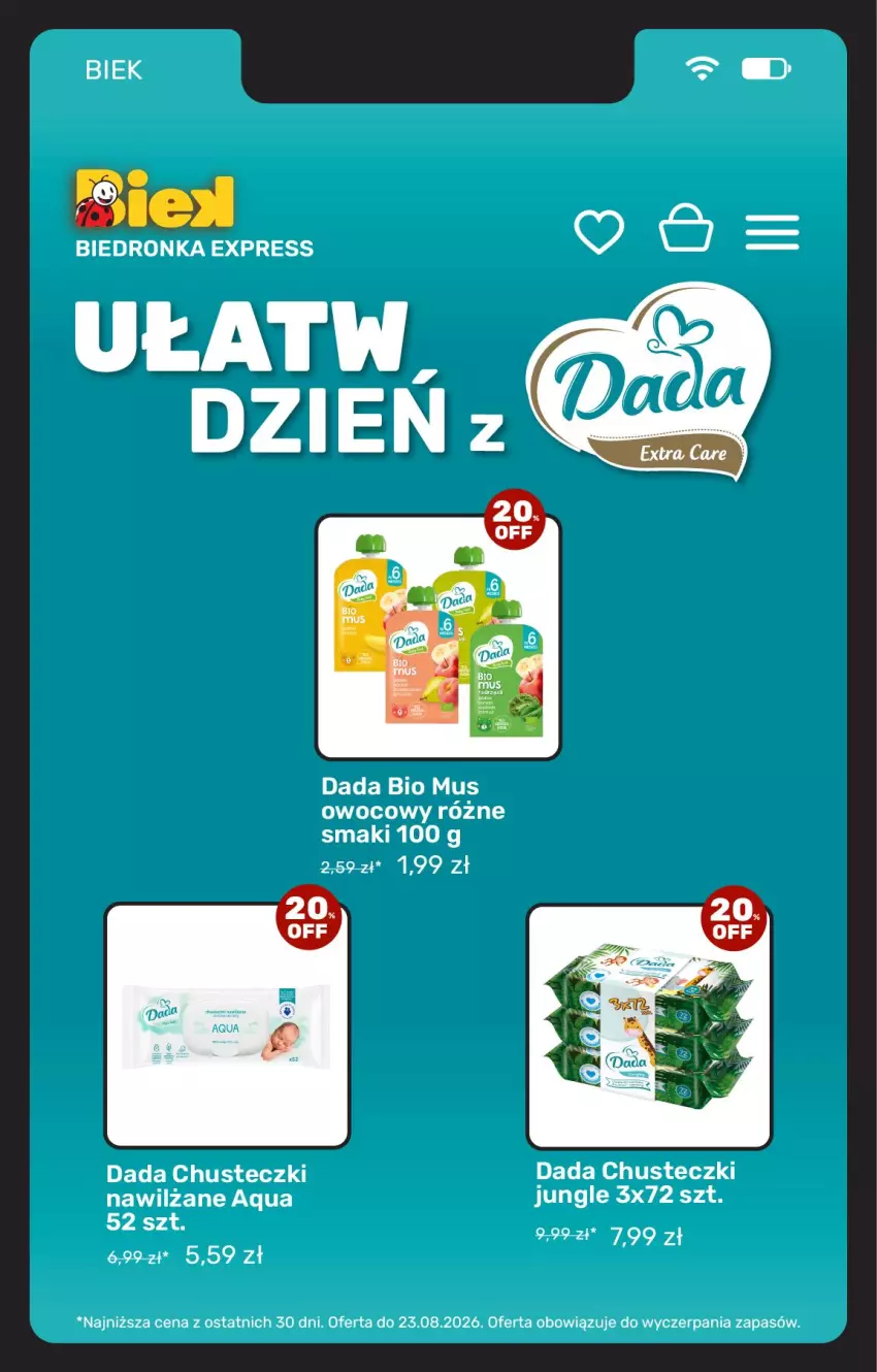 Gazetka promocyjna Biedronka - BIEK - ważna 21.08 do 28.08.2026 - strona 16 - produkty: Chusteczki, Dada, Mus