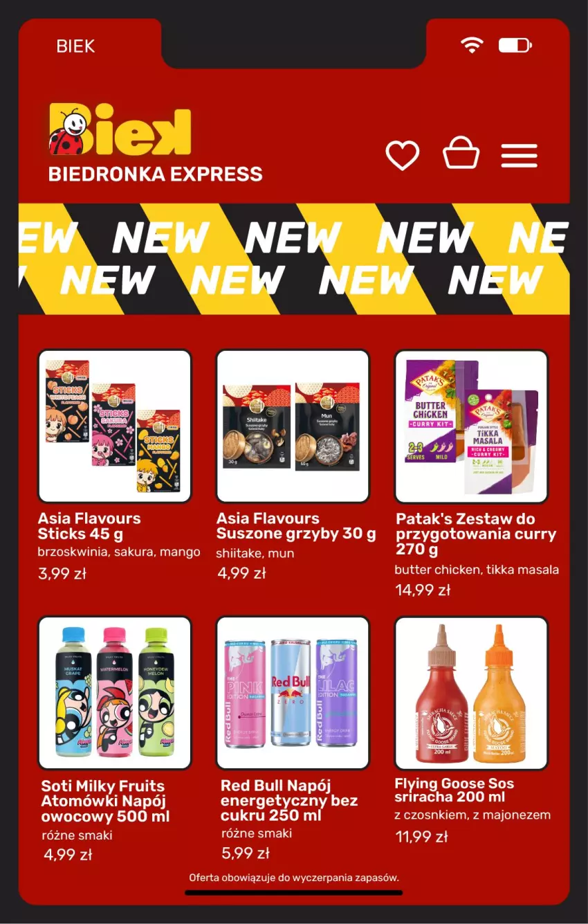 Gazetka promocyjna Biedronka - BIEK - ważna 21.08 do 28.08.2026 - strona 19 - produkty: Grzyby, Majonez, Mango, Napój, Napój energetyczny, Patak's, Red Bull, Sos