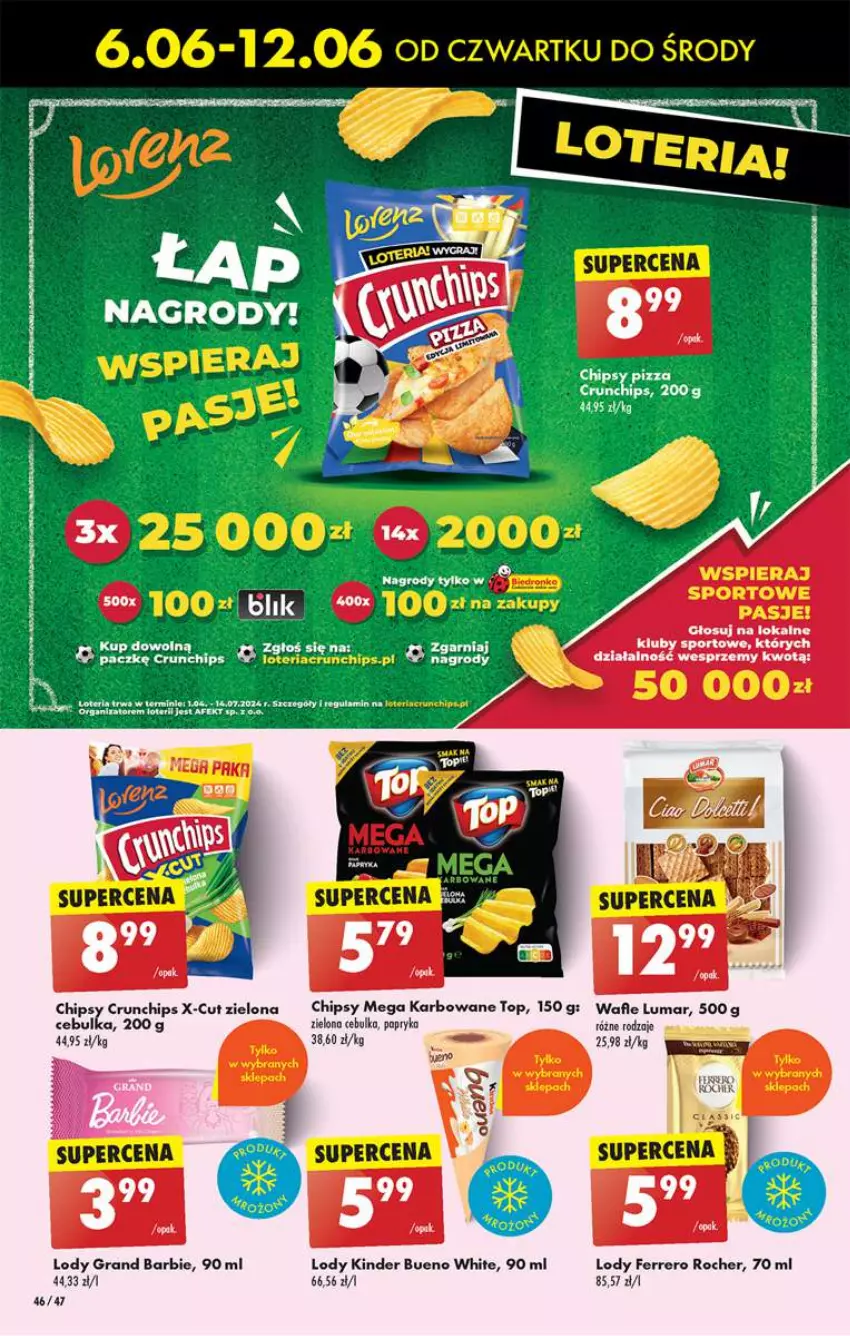 Gazetka promocyjna Biedronka - od Czwartku - ważna 06.06 do 12.06.2024 - strona 46 - produkty: Barbie, Chipsy, Ferrero, Ferrero Rocher, Gra, Kinder, Kinder Bueno, Lody, Papryka, Pizza, Por, Sport, Wafle