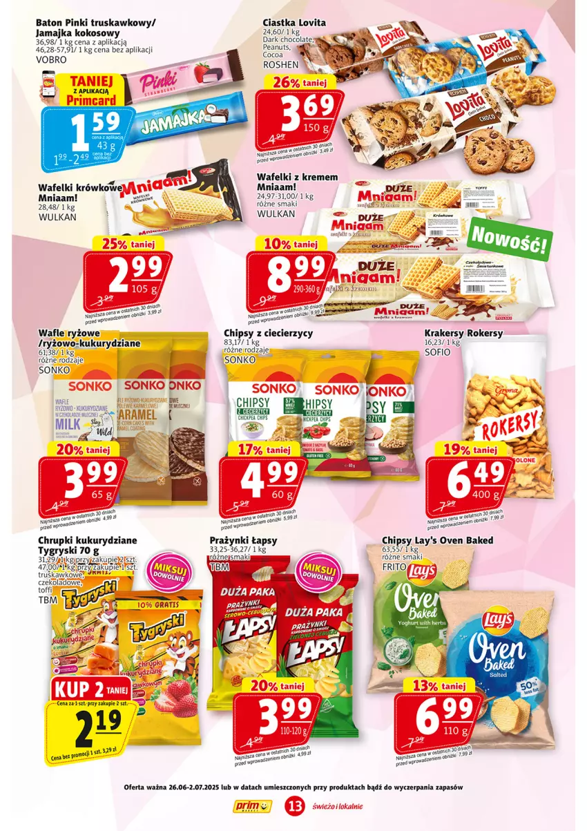 Gazetka promocyjna Prim Market - ważna 26.06 do 02.07.2025 - strona 13 - produkty: Baton, Chipsy, Chrupki, Ciastka, Gry, HP, Kokos, Krakersy, Lovi, Ryż, Sonko, Wafle