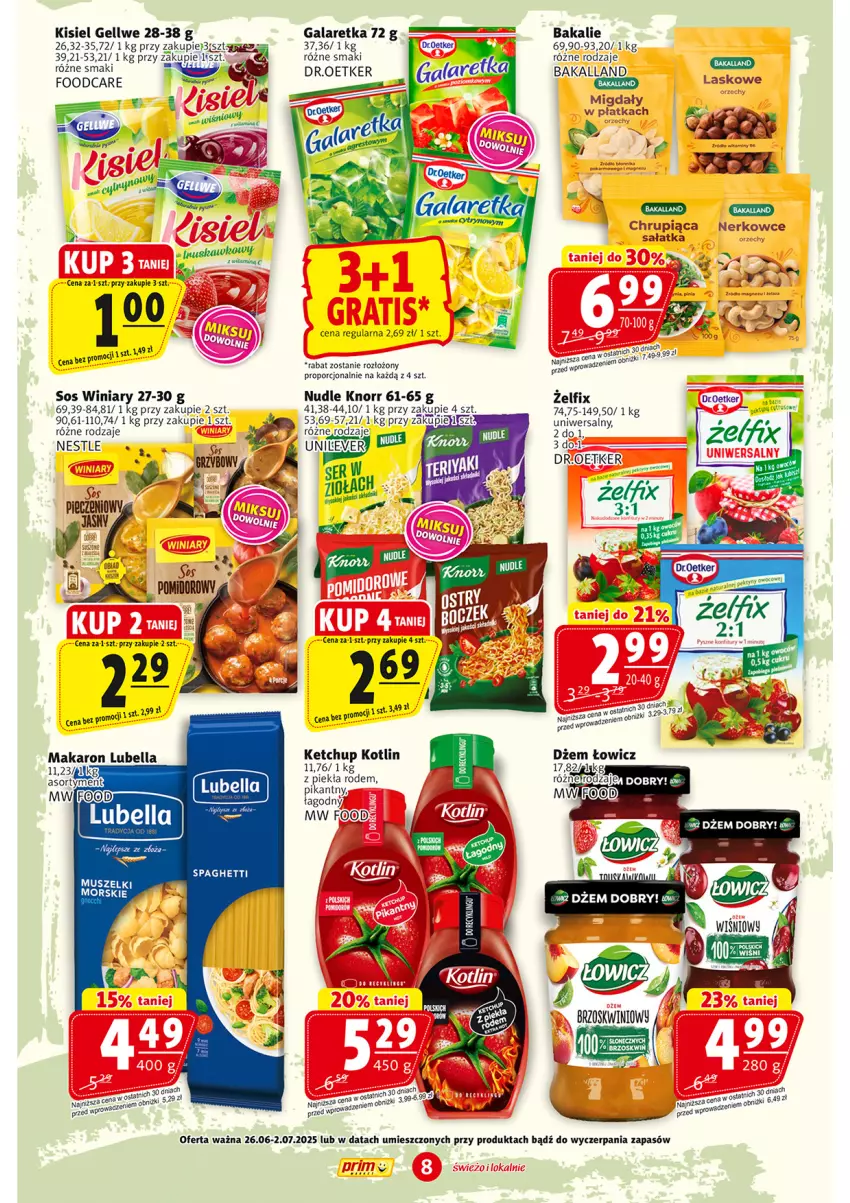 Gazetka promocyjna Prim Market - ważna 26.06 do 02.07.2025 - strona 8 - produkty: Bakalland, Bell, Bella, Dżem, Gala, Galaretka, Ketchup, Kisiel, Knorr, Kotlin, Lubella, Makaron, Migdały, Mus, Por, Sałat, Sałatka, Sos, Spaghetti, Winiary