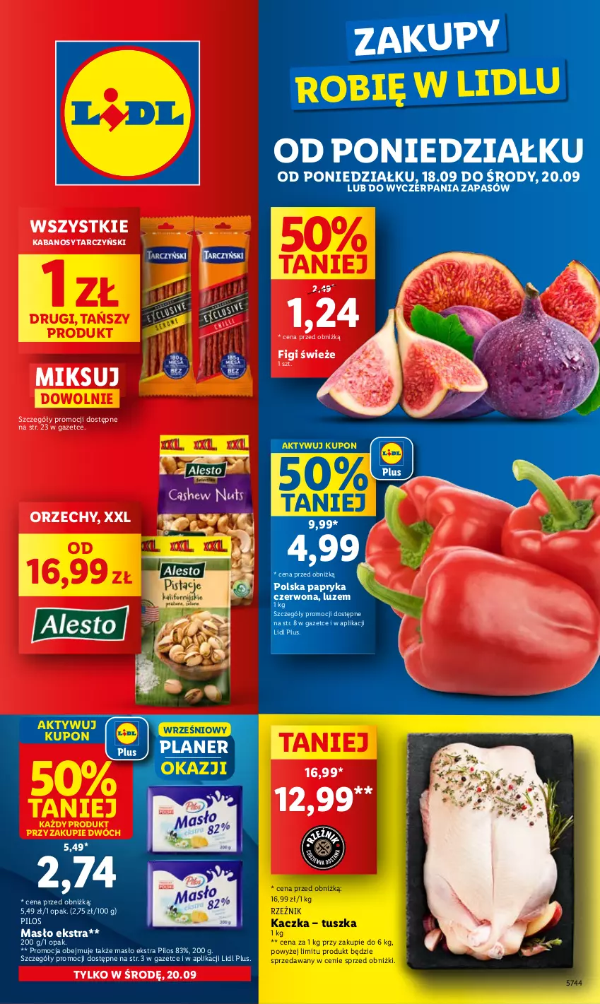 Gazetka promocyjna Lidl - GAZETKA - ważna 18.09 do 20.09.2023 - strona 1 - produkty: Figi, Kabanos, Kaczka, Masło, Papryka, Papryka czerwona, Pilos, Tarczyński, Tusz