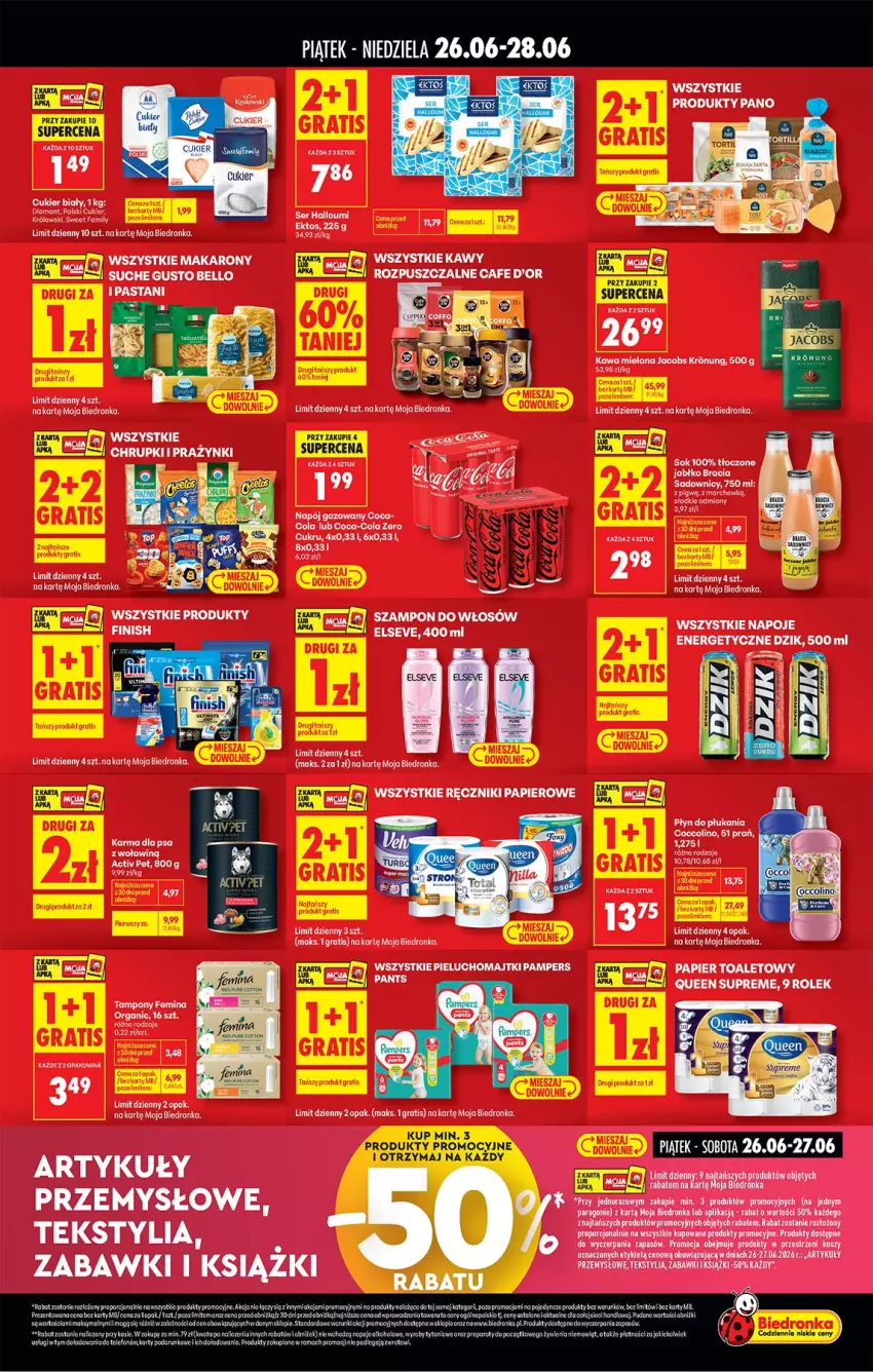 Gazetka promocyjna Biedronka - Tani Weekend - ważna 26.06 do 27.06.2026 - strona 2 - produkty: Bell, Coca-Cola, Coccolino, Cukier, Fa, Gra, Kawa, Kawa mielona, Koc, Kosz, Królewski, Makaron, Napój, Napój gazowany, Napoje, Papier, Płyn do płukania, Por, Ręcznik, Ręczniki papierowe, Ser, Szampon, Tampony