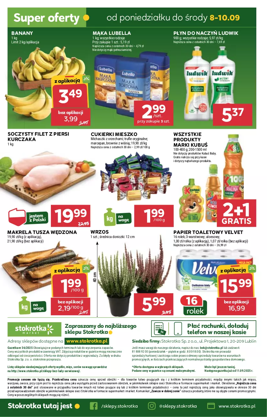 Gazetka promocyjna Stokrotka - Market - ważna 04.09 do 10.09.2025 - strona 25 - produkty: Banany, Bell, Bella, Brownie, Cukier, Cukierki, Dres, Filet z piersi kurczaka, Gin, Gra, JBL, Kubuś, Kurczak, Lubella, Ludwik, Mąka, Mięso, O nas, Owoce, Papier, Papier toaletowy, Ser, Telefon, Tusz, Velvet, Wagi, Warzywa