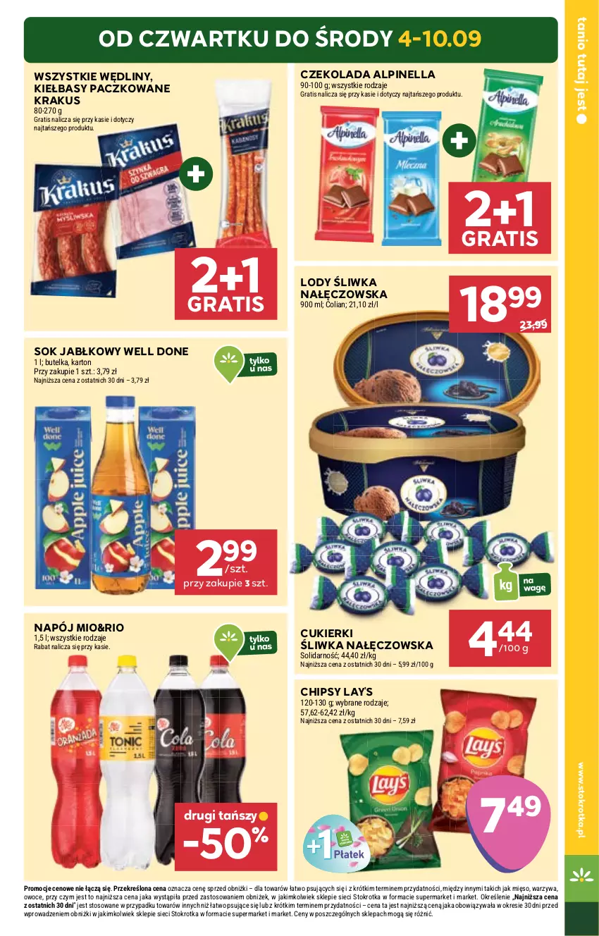 Gazetka promocyjna Stokrotka - Market - ważna 04.09 do 10.09.2025 - strona 3 - produkty: Chipsy, Cukier, Cukierki, Czekolada, Gra, Krakus, Lay’s, Lody, Mięso, Napój, Owoce, Sok, Sok jabłkowy, Warzywa