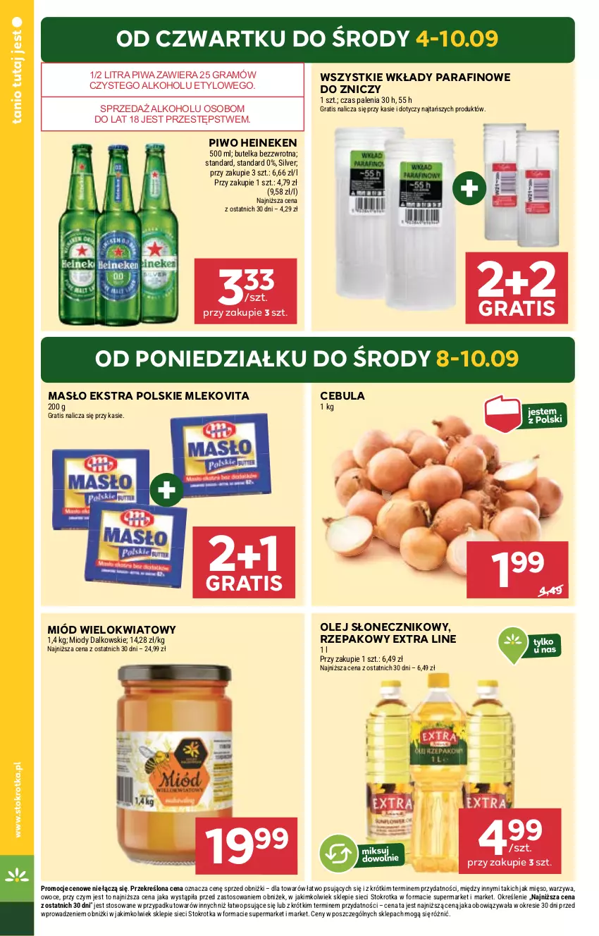 Gazetka promocyjna Stokrotka - Market - ważna 04.09 do 10.09.2025 - strona 4 - produkty: Cebula, Gra, Heineken, Masło, Mięso, Miód, Mleko, Mlekovita, Olej, Olej słonecznikowy, Owoce, Piwa, Piwo, Vita C, Warzywa, Znicz