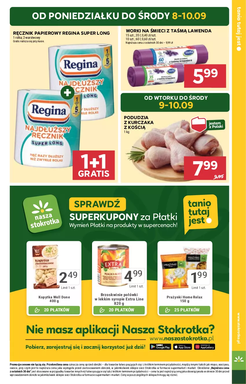Gazetka promocyjna Stokrotka - Market - ważna 04.09 do 10.09.2025 - strona 5 - produkty: Brzoskwinie, Gin, Gra, Kopytka, Kurczak, Mięso, Owoce, Papier, Ręcznik, Syrop, Warzywa, Worki na śmiec, Worki na śmieci