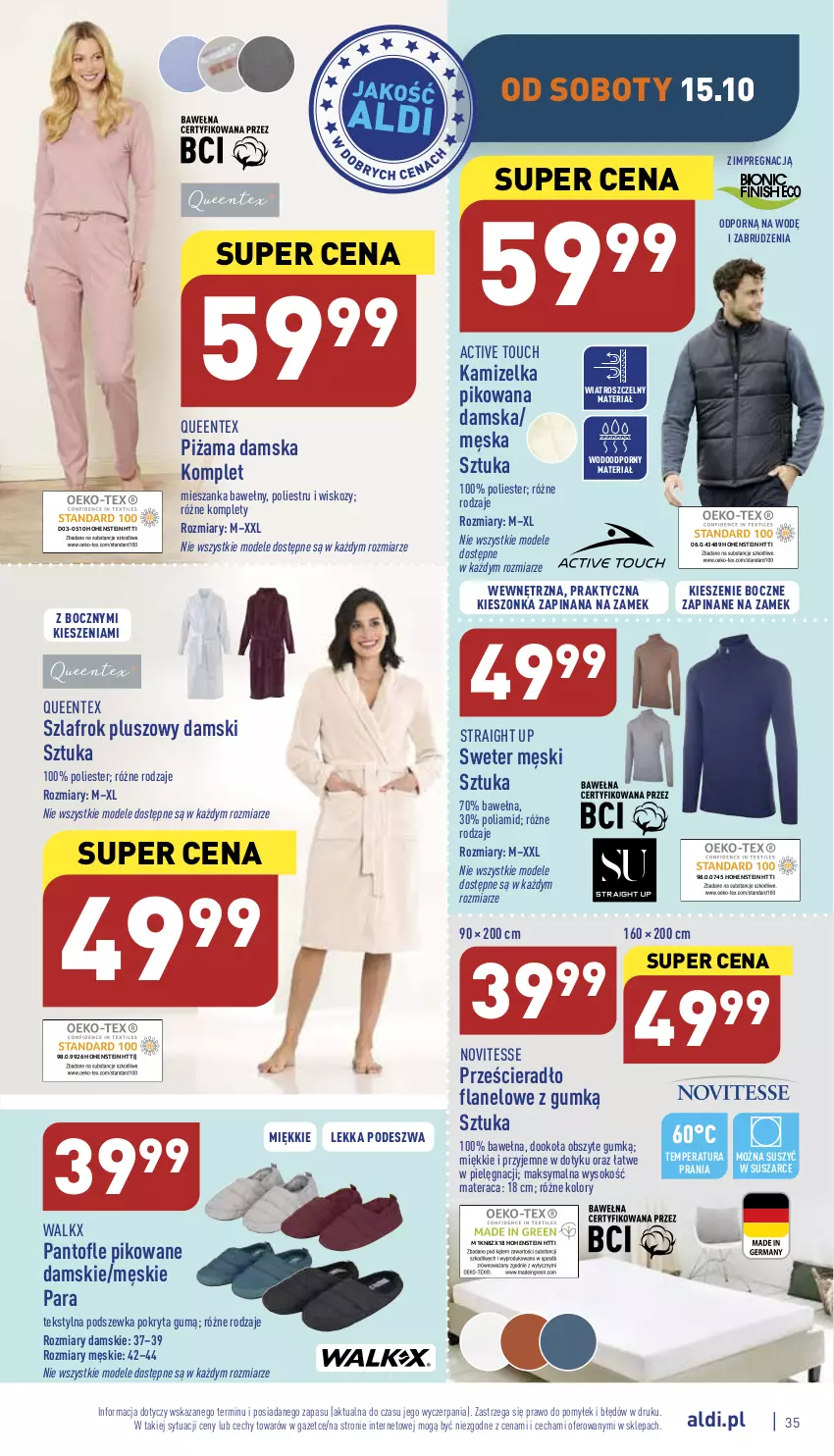 Gazetka promocyjna Aldi - Pełny katalog - ważna 10.10 do 15.10.2022 - strona 35 - produkty: Kamizelka, Materac, Piżama, Por, Prześcieradło, Queentex, Sok, Sweter, Szlafrok, Tera, Wełna