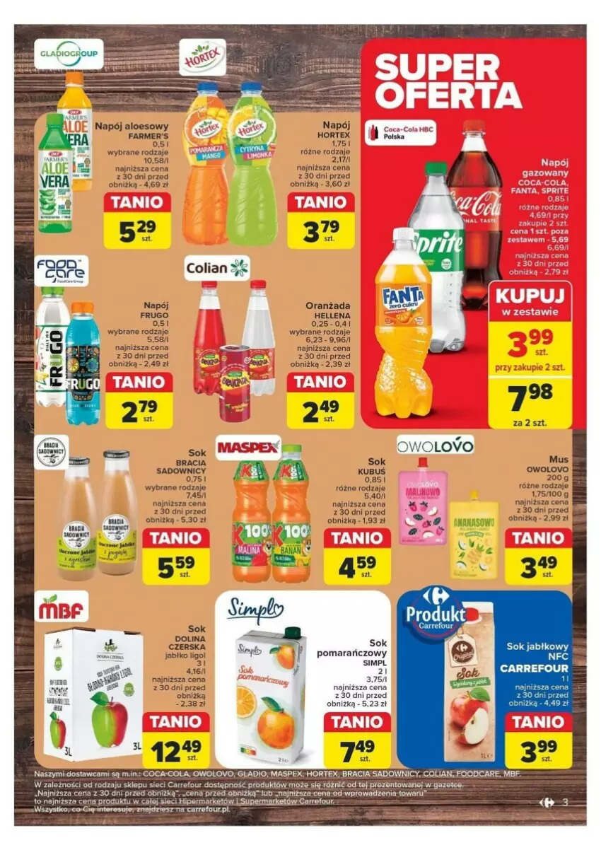 Gazetka promocyjna Carrefour - ważna 13.08 do 17.08.2024 - strona 3 - produkty: Coca-Cola, Fa, Hellena, Hortex, Kubuś, Ligol, Mus, Napój, Oranżada, Ser, Sok, Tera