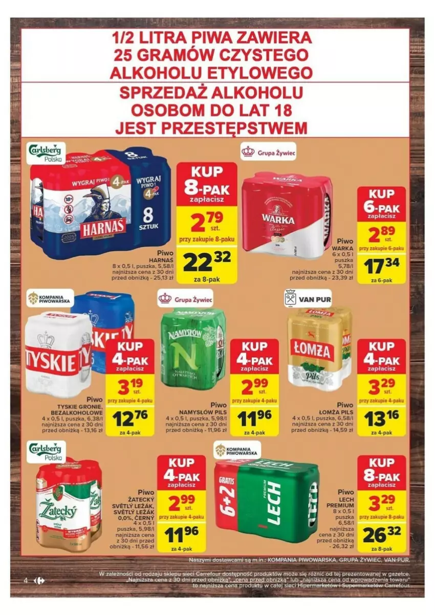 Gazetka promocyjna Carrefour - ważna 13.08 do 17.08.2024 - strona 4 - produkty: Fa, Lech Premium, Namysłów, Piwa, Piwo, Pur, Ser, Tyskie, Warka