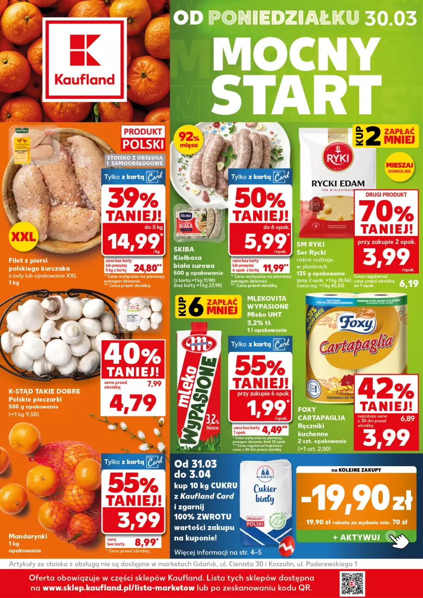 Gazetka promocyjna Kaufland - Mocny Start - ważna 30.03 do 31.03.2026 - strona 1 - produkty: Diamant, Foxy, Kiełbasa, Kiełbasa biała, Mleko, Mlekovita, Olej, Ręcznik, Ser
