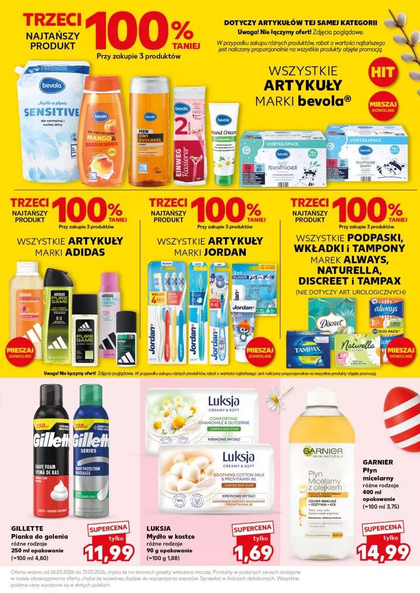 Gazetka promocyjna Kaufland - Mocny Start - ważna 30.03 do 31.03.2026 - strona 27 - produkty: Adidas, Always, Discreet, Garnier, Gillette, Luksja, Makijaż, Mleczko, Mydło, Naturell, Naturella, Olej, Pax, Pianka do golenia, Podpaski, Por, Pur, Tampax, Tampony, Waga, Wkładki