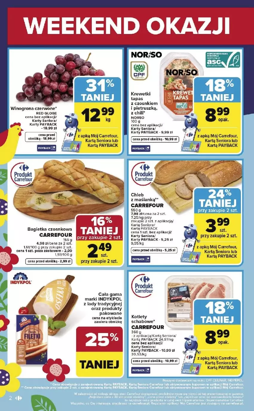 Gazetka promocyjna Carrefour - Gazetka Weekend okazji już od czwartku! - ważna 12.03 do 14.03.2026 - strona 2 - produkty: Bagietka, Bagietka czosnkowa, Chleb, Kotlet, Krewetki, Ryba, Wino, Winogrona