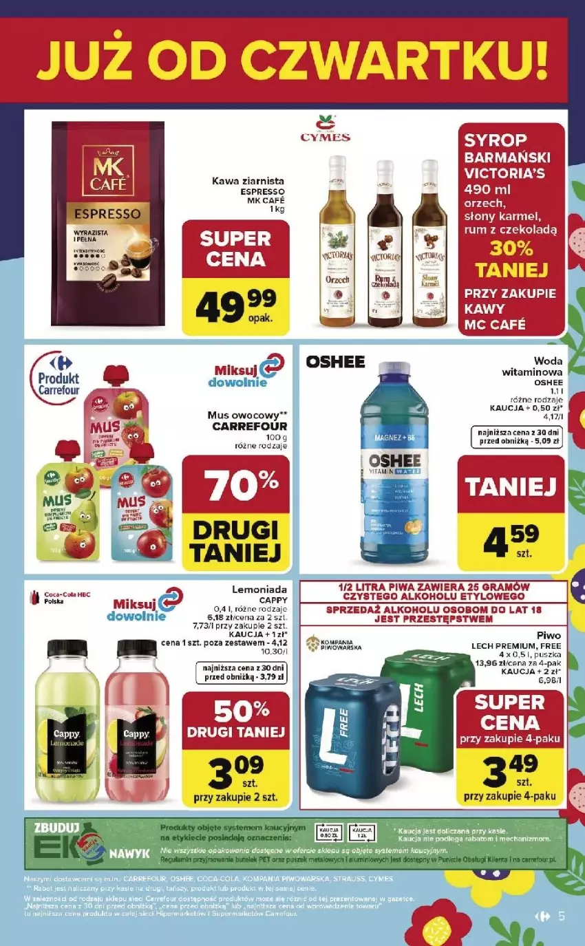 Gazetka promocyjna Carrefour - Gazetka Weekend okazji już od czwartku! - ważna 12.03 do 14.03.2026 - strona 5 - produkty: Coca-Cola, Fa, Gra, Kawa, Kawa ziarnista, Lech Premium, Mus, Oshee, Piwa, Piwo, Rum, Syrop, Tofu, Woda