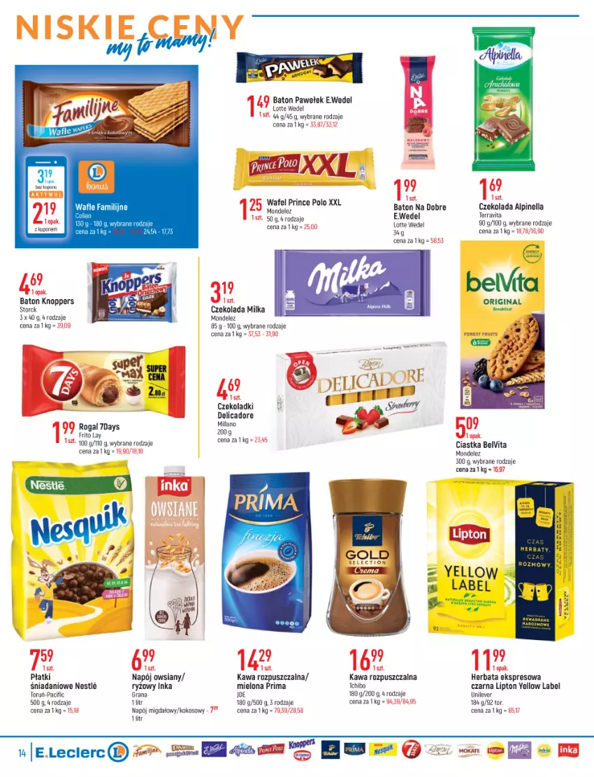 Gazetka promocyjna E Leclerc - ważna 04.01 do 15.01.2022 - strona 14 - produkty: Baton, BelVita, Ciastka, Cif, Czekolada, Danio, Fa, Gin, Gra, Herbata, Inka, Kawa, Kawa rozpuszczalna, Knoppers, Kokos, Lipton, Milka, Napój, Nesquik, Por, Prima, Prince Polo, Rogal, Ryż, Tchibo, Wafle