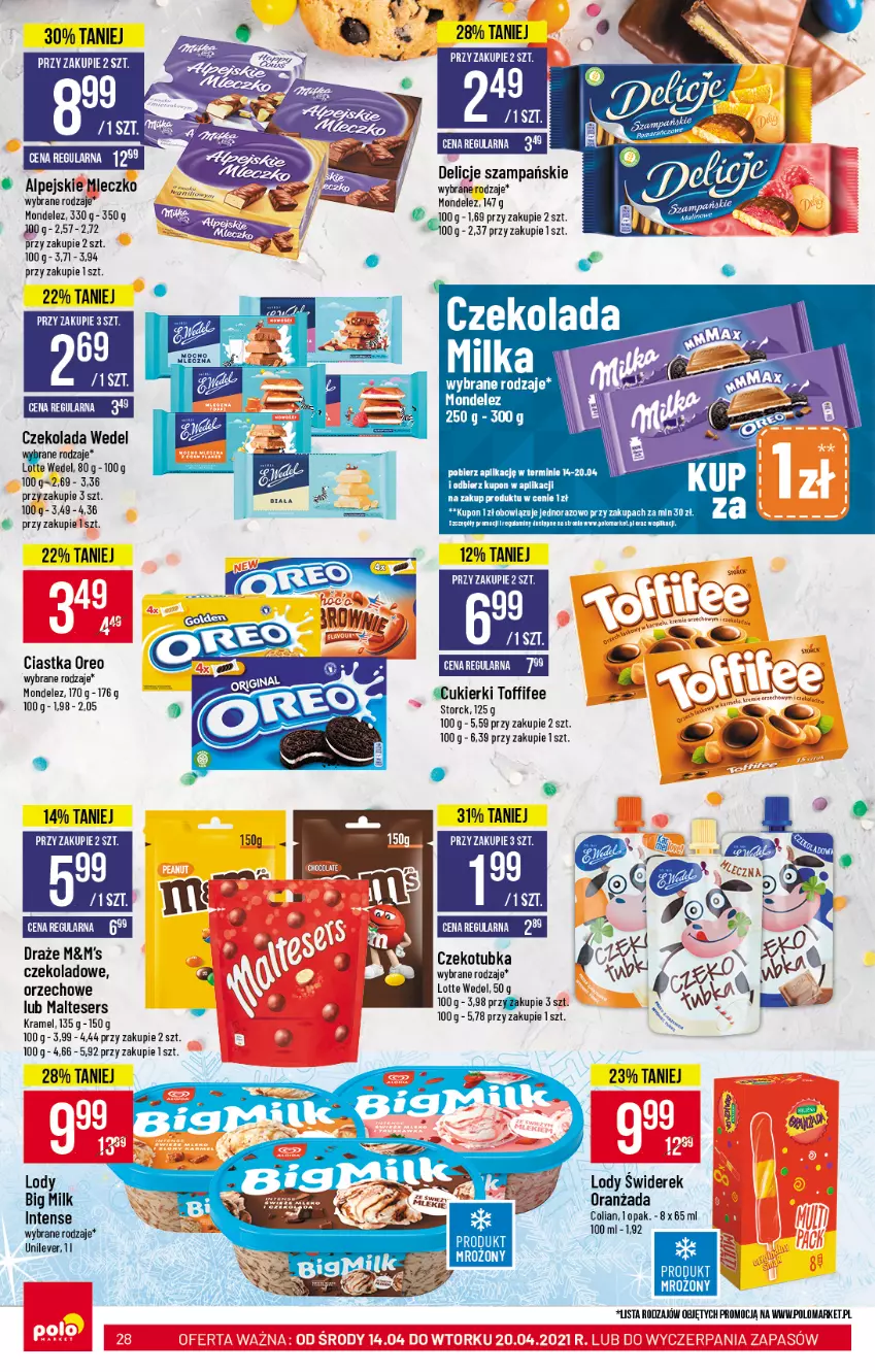 Gazetka promocyjna PoloMarket - Gazetka promocyjna  r - ważna 14.04 do 20.04.2021 - strona 28 - produkty: Big Milk, Ciastka, Cukier, Cukierki, Czekolada, Delicje, Lody, Mleczko, Oranżada, Oreo, Ser, Toffifee