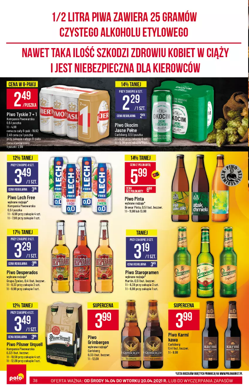 Gazetka promocyjna PoloMarket - Gazetka promocyjna  r - ważna 14.04 do 20.04.2021 - strona 38 - produkty: Carlsberg, Desperados, Karmi, Kawa, Koc, Okocim, Pilsner Urquell, Piwo, Tyskie