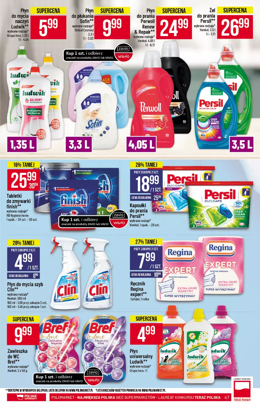 Gazetka promocyjna PoloMarket - Gazetka promocyjna  r - ważna 14.04 do 20.04.2021 - strona 47 - produkty: Bref, Clin, Finish, Gin, Ludwik, Persil, Perwoll, Płyn do mycia, Ręcznik, Tablet, Zmywarki