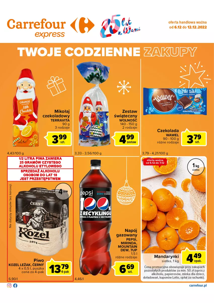 Gazetka promocyjna Carrefour - Gazetka Express - ważna 06.12 do 12.12.2022 - strona 2 - produkty: 7up, Czekolada, Dzieci, Mandarynki, Mirinda, Napój, Napój gazowany, Papier, Pepsi, Piwo, Siatka, Wawel