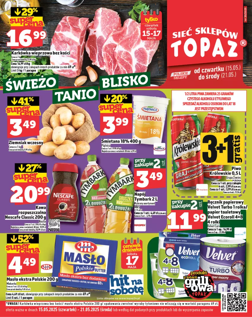 Gazetka promocyjna Topaz - Gazetka - ważna 15.05 do 21.05.2025 - strona 1 - produkty: Karkówka wieprzowa, Masło, Mleko, Mlekovita, Papier, Piątnica, Ręcznik, Top, Velvet, Vita C, Waga